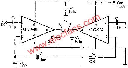 8FG2003拼成BTL放大電路的應用  m.1cnz.cn