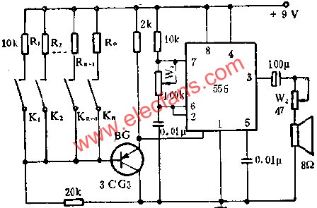 時基集成電路組成簡易電子琴線路圖 m.1cnz.cn