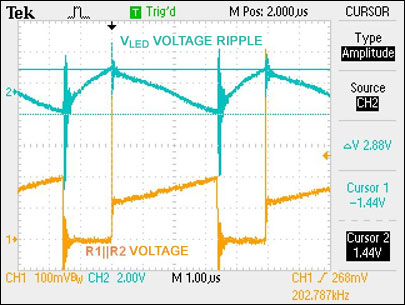 圖7. 輸出電壓(交流耦合)和開關MOSFET檢流電阻的電壓