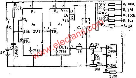 CC7556雙定時(shí)器在數(shù)字電容表中的應(yīng)用電路圖  m.1cnz.cn