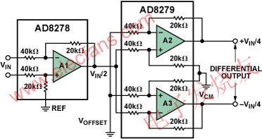 G = 1/2的差分輸出差動放大器功能框圖 m.1cnz.cn