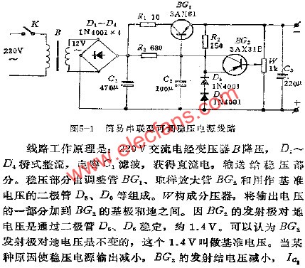 簡易串聯型可調穩壓電源電路  m.1cnz.cn