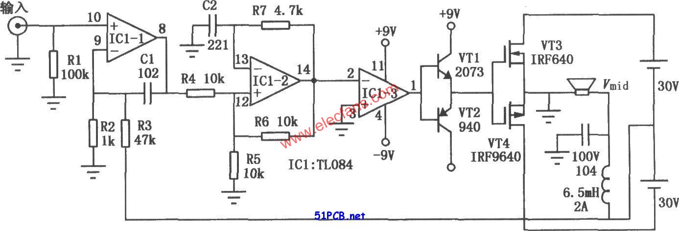 實用數字功放(TL084)電路圖  m.1cnz.cn