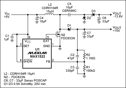 Figure 1. This single-inductor, 200mA power supply derives +15V/-14V from +5V. m.1cnz.cn