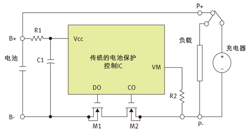 圖1：鋰電池保護裝置電路原理。