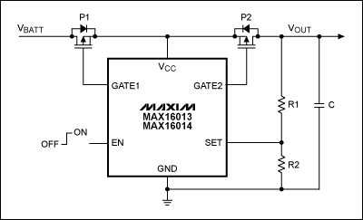 圖8. MAX16013和MAX16014可提供有源瞬態(tài)保護功能，直接監(jiān)測電源電壓，當檢測到故障時，通過控制兩個外部p溝道FET開關(guān)，斷開負載與故障電源。