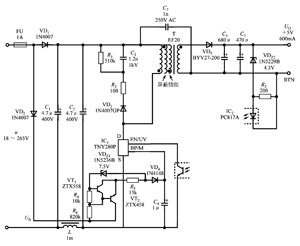 由TNY280P構成3W超寬輸入范圍的工業控制電源的電路