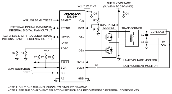 圖1. 每個通道驅動一個燈管的典型工作電路