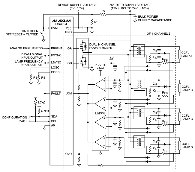 圖2. 每個通道驅動多個燈管的典型工作電路