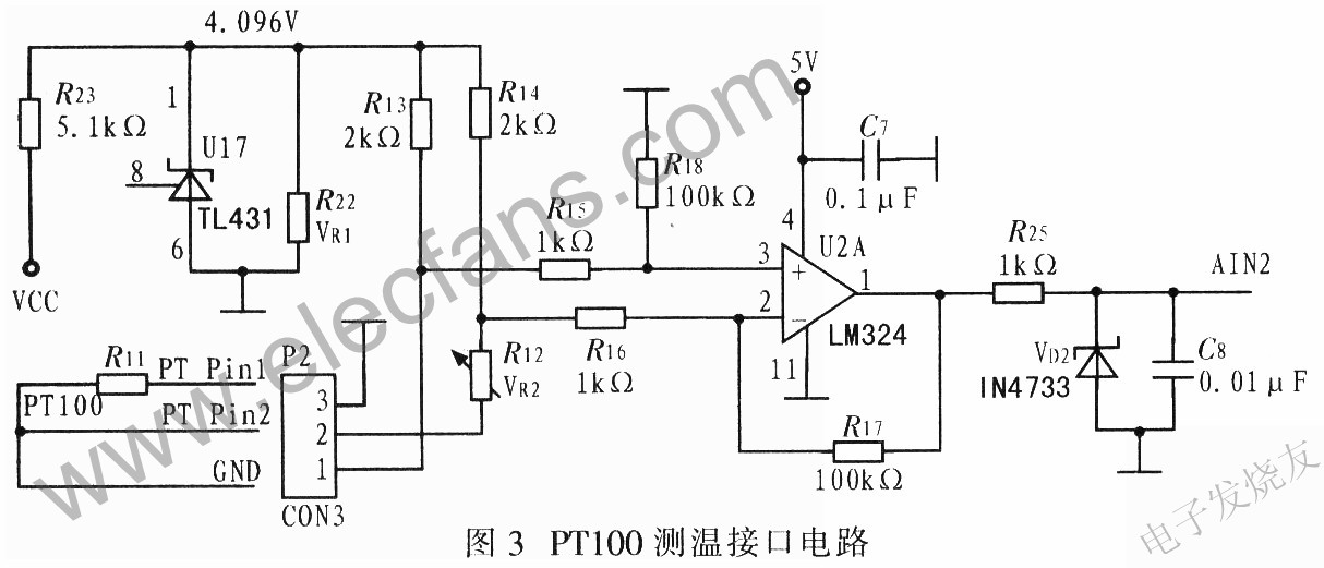 鉑電阻PT100溫度信號測溫電路 m.1cnz.cn