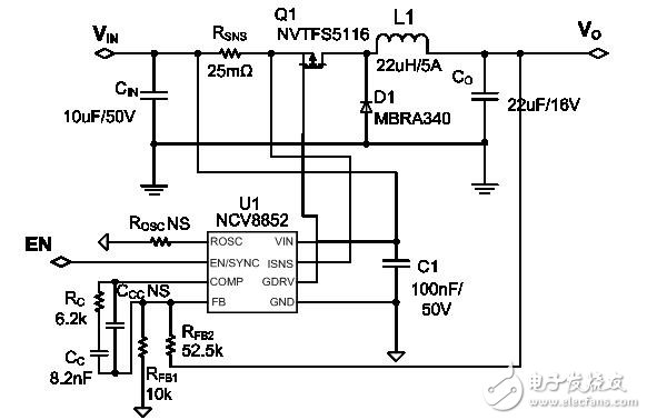  NCV8852   5V，2.5A 車載USB電源設(shè)計(jì)實(shí)例電路圖