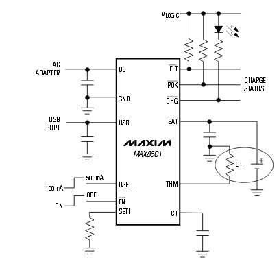 MAX8601 提供OVP保護(hù)和可編程充電定時的電池充電器