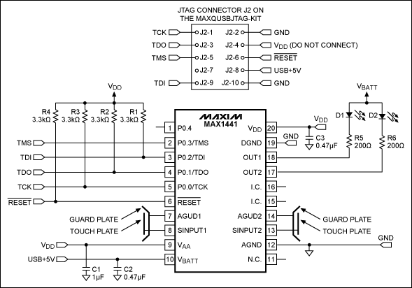 圖1. 連接MAX1441應用電路與MAXQUSBJTAG-KIT板的JTAG接口