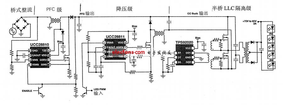 圖3 采用UCC28810的240W LED路燈驅動電源系統