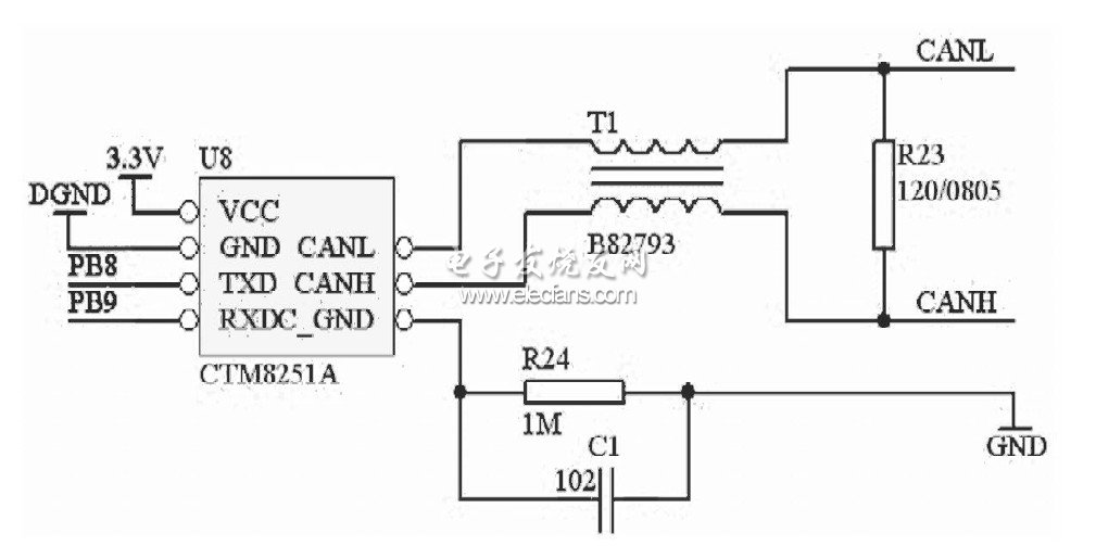 圖2CAN接口硬件電路圖