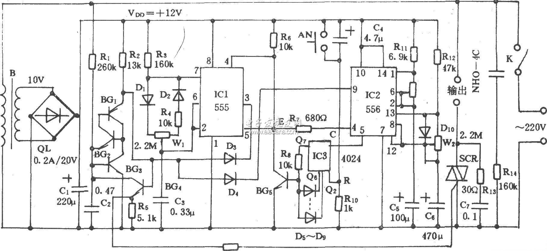 基于555的電風(fēng)扇定時控制電路圖