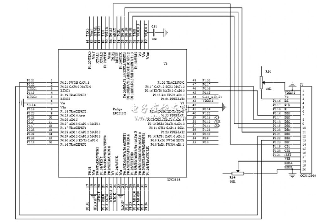 LPC2134與OCM12864接口電路圖