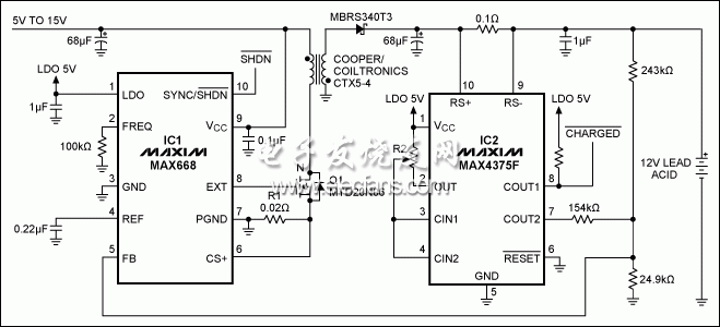 圖1。 這鉛酸電池充電器，適用于高電壓（15V），直到電池充電，然后適用于13.4V保持一個小的涓流充電。