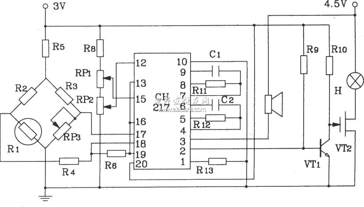 基于CH217的瓦斯煤氣檢測報警電路圖