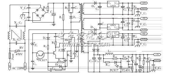 自激式多路輸出穩(wěn)壓開關(guān)電源原理圖