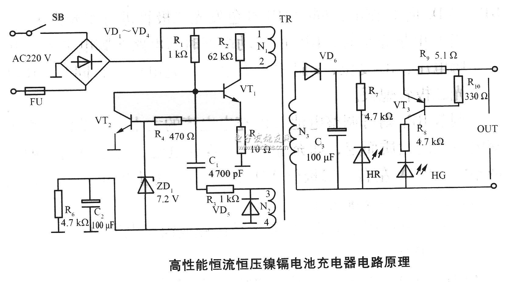 高性能恒流恒壓鎳鎘電池充電器電路