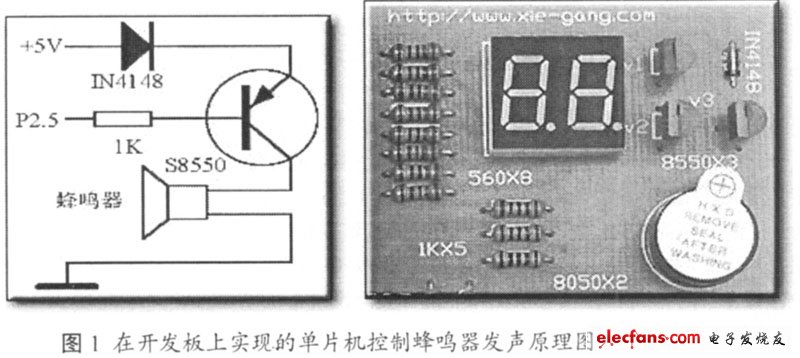 在開發板上實現的單片機控制蜂鳴器發聲原理圖