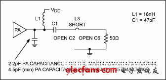 圖4. MAX7044EVKIT工作在868MHz時的簡單諧振電路匹配網絡