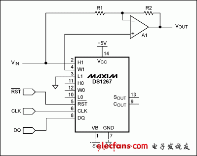 圖2. 利用數字電位器代替S1和S2，可以數字控制電路增益(從-1至+1)。DS1267上電時滑動端位于電位器的中心位置，相當于在反相和同相輸入端施加相同電壓，使運算放大器輸出為零，從而建立一個有效的上電靜音功能。