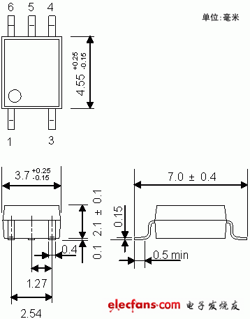 小型高速IGBT/MOSFET柵極驅動耦合器輪廓說明圖: TLP155E.