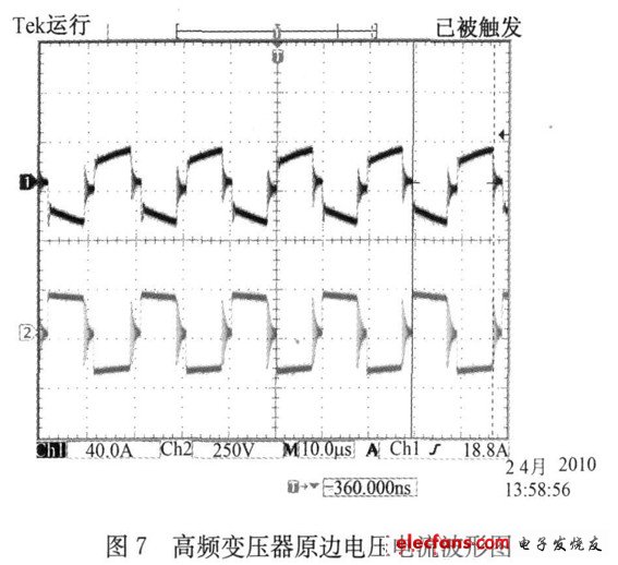 圖7 高頻變壓器原邊電壓電流波形圖