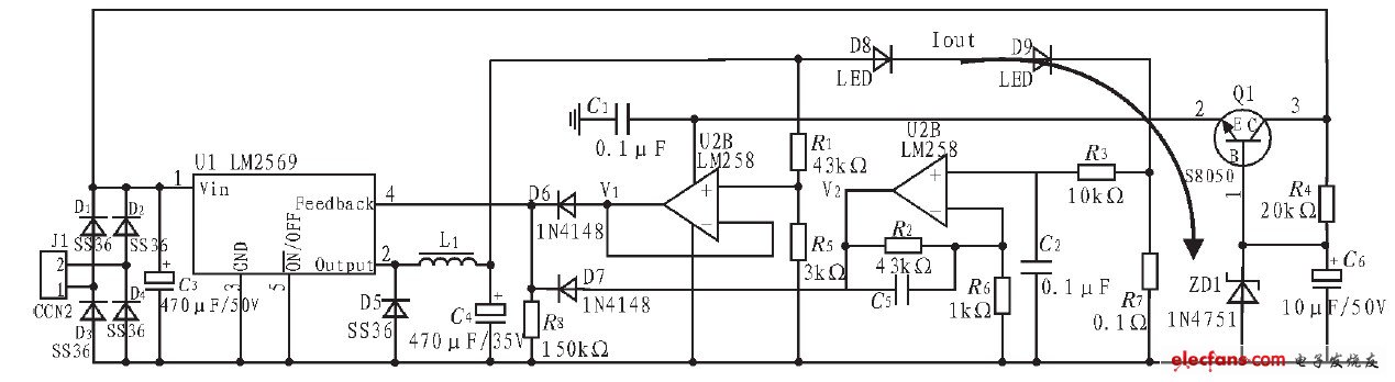 圖4 基于LM2596-ADJ 的LED 開關恒流穩壓電源