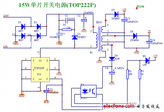 單片TOP223系列開關(guān)電源工作原理