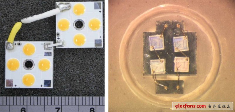 四個LEDs，每個尺寸約為0.5mm x 0.5mm x 0.1mm，封裝在LED凸圓底下