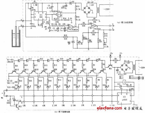 水塔水位有線監測遙控電路