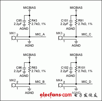 圖2. 四路麥克風輸入電路。