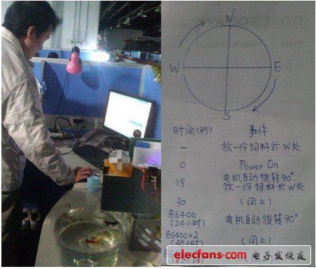 左邊為師兄在調試代碼，右邊是喂魚機實現(xiàn)功能圖示