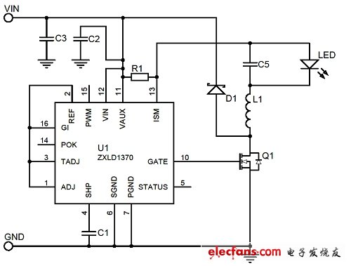 圖1:ZXLD1370降壓LED驅動器的原理圖。