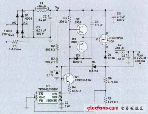 圖 1 AC/DC 降壓轉換器電路