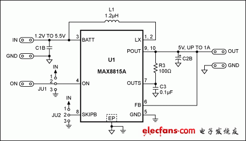 圖2. MAX8815AEVKIT提供所需的5V輸出，無需更改電路