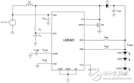 使用LM3421的升壓穩壓器驅動10個LED