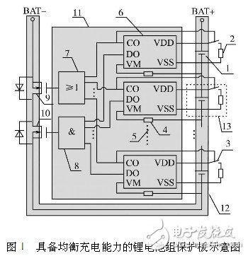 具備均衡充電能力的鋰電池組保護(hù)板示意圖