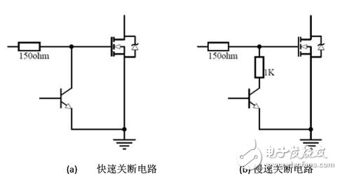 圖5：功率MOSFET關斷電路。（a） 快速關斷電路；（b） 慢速關斷電路。