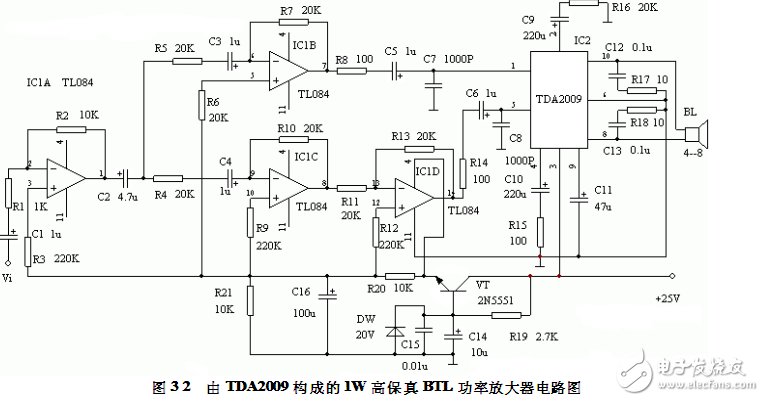 由TDA2009構成的1W高保真BTL功率放大器 