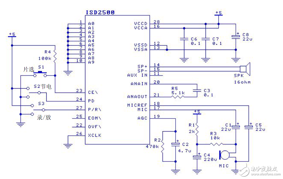 AT89C2051控制語音芯片錄放音系統電路 —電路圖天天讀（108）