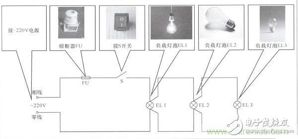 一只單連開(kāi)關(guān)控制三盞燈電路