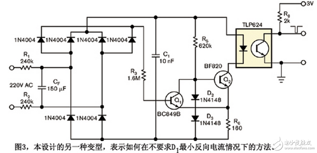 在幾乎所有交流周期內(nèi)，除接近零交越點(diǎn)以外，Q1都是on，而Q2為off。因此，接近零交越點(diǎn)時(shí)，施密特觸發(fā)器Q1與Q2的狀態(tài)翻轉(zhuǎn)，Q2使電容C1恒流放電，因?yàn)橛蒕2、D2、D3、R5和R6構(gòu)成的電路將電流穩(wěn)定在I = （2 × VD - VBE2） / R6，其中VD是在D2或D3上的壓降，而VBE2為Q2的基射電壓。