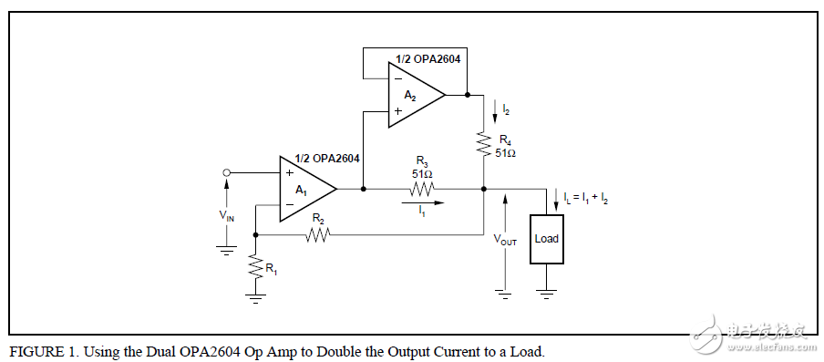 輸出電流加倍到負載的雙OPA2604音頻運算放大器
