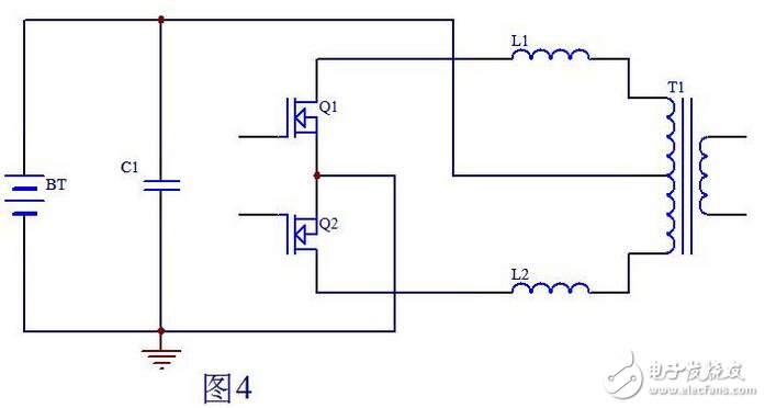 當Q1柵極信號由高電平變?yōu)榈碗娖綍r，此時Q2也還截止，即死區(qū)處Q1，Q2都不導通，T1初級上半部分由于和次級耦合的原因，能量僅在Q1導通時向次級傳遞能量，到Q1截止時T1初級上半部分上端的電位已恢復到電池電壓，而L1可以看做是是一個獨立的電感，它儲存的能量耦合不到變壓器T1的次級。