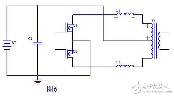 當Q1柵極信號由高電平變?yōu)榈碗娖綍r，此時Q2也還截止，即死區(qū)處Q1，Q2都不導通，T1初級上半部分由于和次級耦合的原因，能量僅在Q1導通時向次級傳遞能量，到Q1截止時T1初級上半部分上端的電位已恢復到電池電壓，而L1可以看做是是一個獨立的電感，它儲存的能量耦合不到變壓器T1的次級。