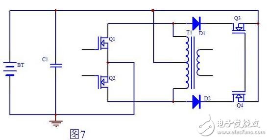 上面我們已經分析了Q1，Q2兩管漏極產生尖峰的原因，下面我們就來想辦法消除這個尖峰了。我想到的辦法就是Q1，Q2的漏極到電池的正極加一個開關，當然這個開關也由MOS管來充當，當然其它功率管也行。這個開關只在Q1，Q2都截止時才導通，用電路實現如圖7所示：